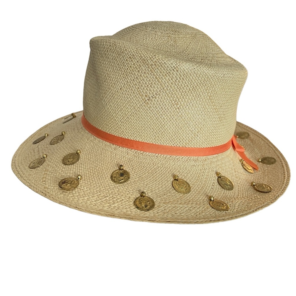 VINTAGE 60s Therese Ahrens Ecuador Straw Sun Hat Gold Coin Statement - Picture 5 of 14